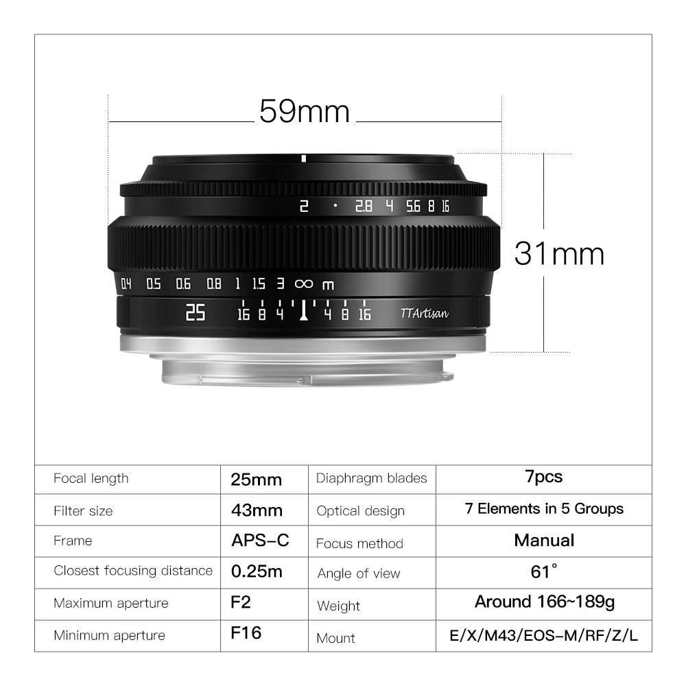 TTArtisan 25mm F2 Camera Lens micro-single Portrait Street view Large aperture fixed-focus lens is suitable for E/FX/M43/EFM/Z/L enlarge