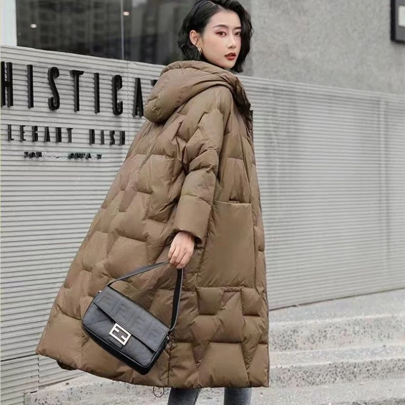 Women Winter Oversize Puffer Outerwear White Duck Down Coats Female Solid Hooded Thicken Black Middle Long Duck Jackets G221