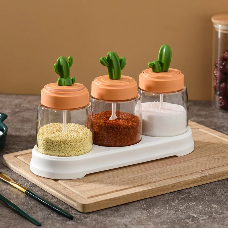 

Cactus Kitchen Seasoning Storage Box Household Glass Seasoning Jar Salt Shaker Seasoning Box Seasoning Bottle Combination Set