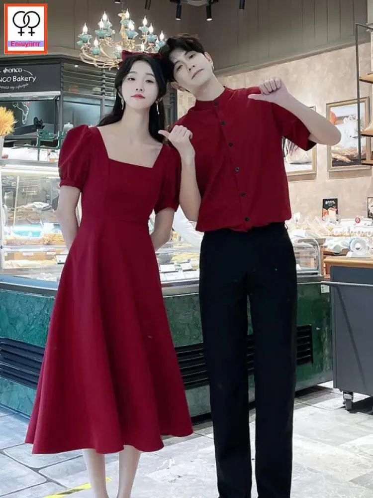 

2022 Honeymoon Date Matching Couple Clothes Outfits Male Female Lovers Cute Holiday Valentine's Girls Square Neck Red Long Dress