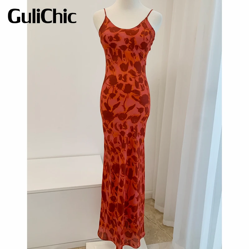 7.8 GuliChic Fashion Sexy Scoop Neck Silk Floral Leopard Print Spaghetti Strap Package Hip Slim Long Dress Women
