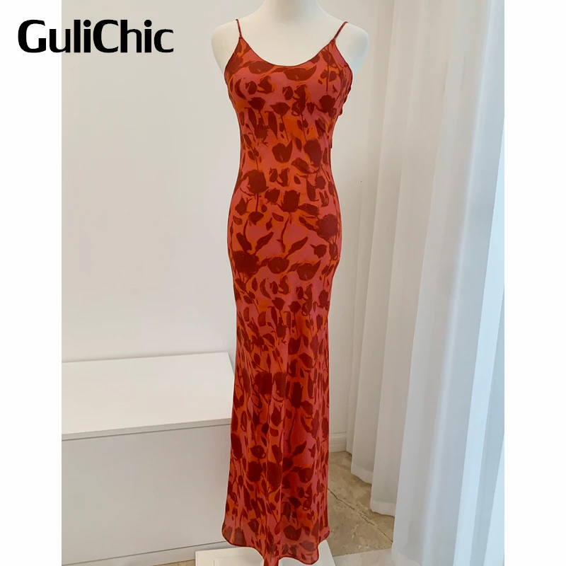 

7.8 GuliChic Fashion Sexy Scoop Neck Silk Floral Leopard Print Spaghetti Strap Package Hip Slim Long Dress Women