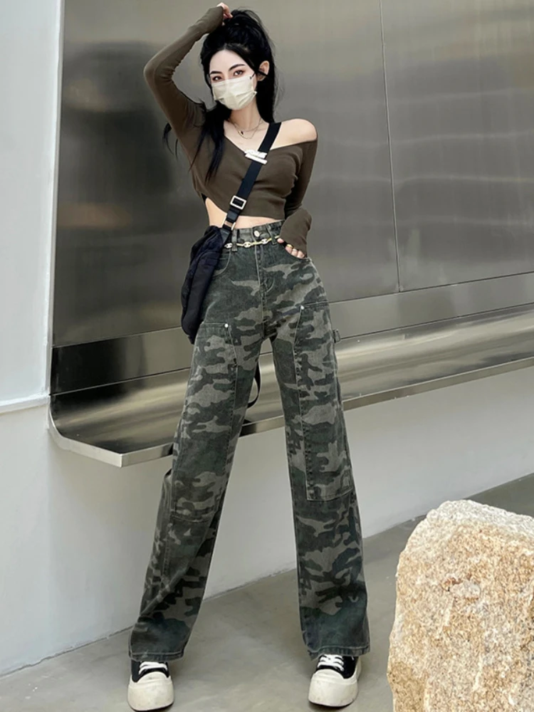 Spicy Girls Casual Camouflage Cargo Pants 2023 Spring Autumn New Trend Loose Slim Straight High Waist Jeans Fashion Women Jeans