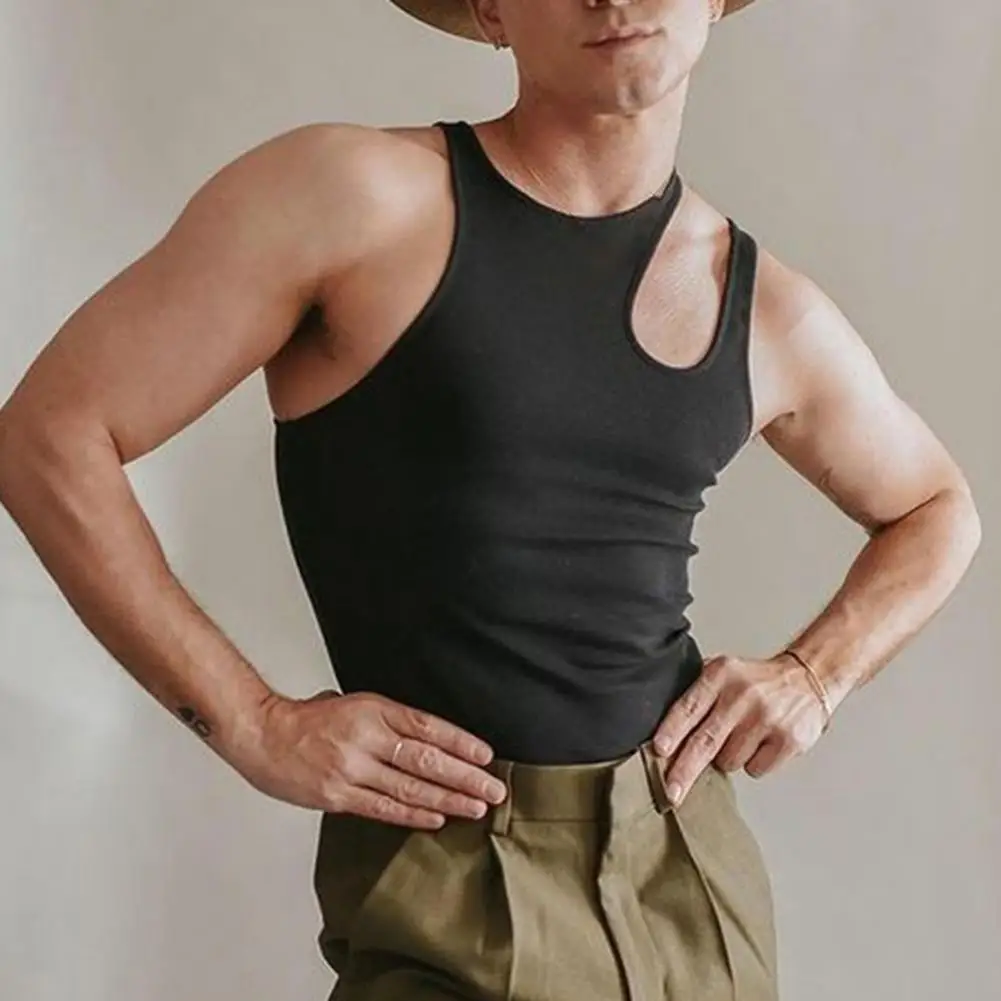 

Solid Color Hollow Out Men Tank Top Slim Fit Asymmetric Pullover Men Vest Sexy Quick Dry Tank Top for Parties