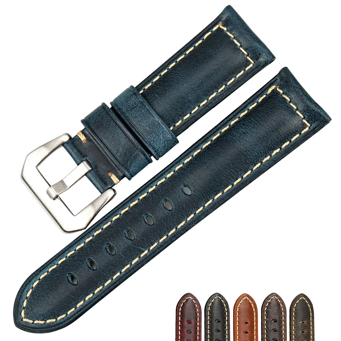 MAIKES Watch Accessories Oil Wax Leather Watch Strap 20mm 22mm 24mm 26mm Watchbands Vintage Blue Watch Band Bracelet For Panerai
