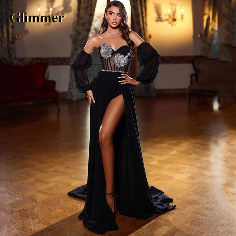 

Glimmer Glitter Slit Evening Gowns For Women Zipper Puff Sleeves Sweetheart Pleat A-line Sequins Robes De Soirée Personalised