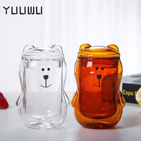 creative 300ml bear double cup personalized coffee mug with cover transparent glass coffee cup cute cartoon amber bear mugs