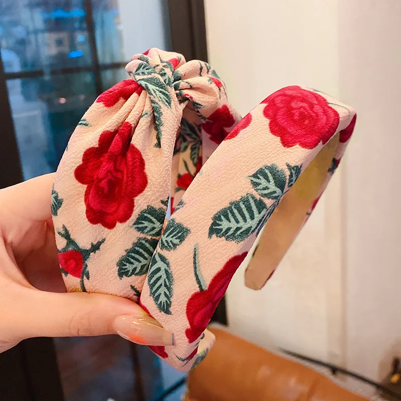 

Summer Flower Printed Cloth Knot Hair Hoop Cloth High Cranial Headband Wide Cute Girl Press Hair Bundle Hair Accessories Women