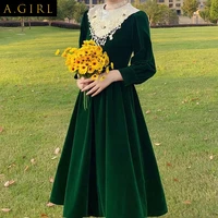 A GIRLS midiWinter new dress Europe type palace restoring ancient ways, blackish green velvet lace western style fashion