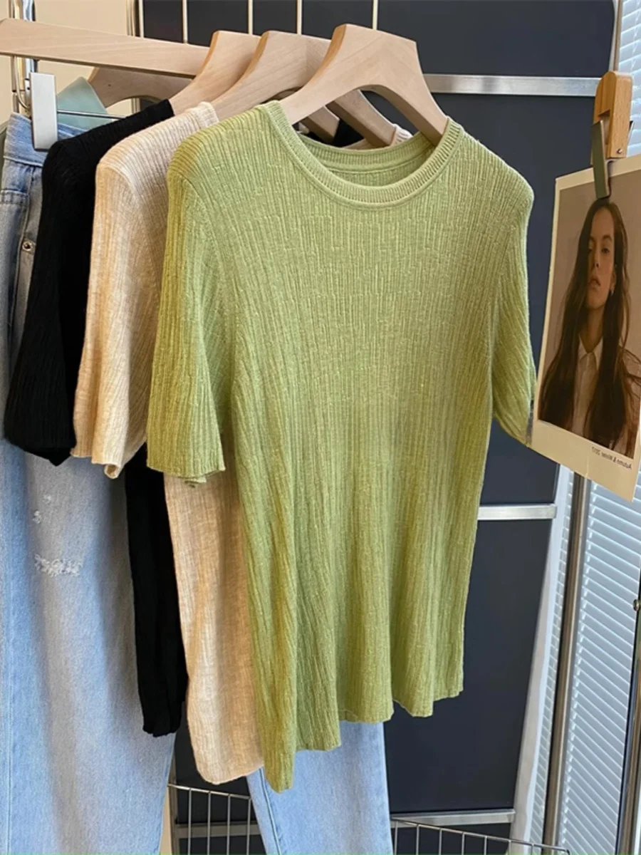 Женская футболка с коротким рукавом и круглым вырезом летняя Однотонная из