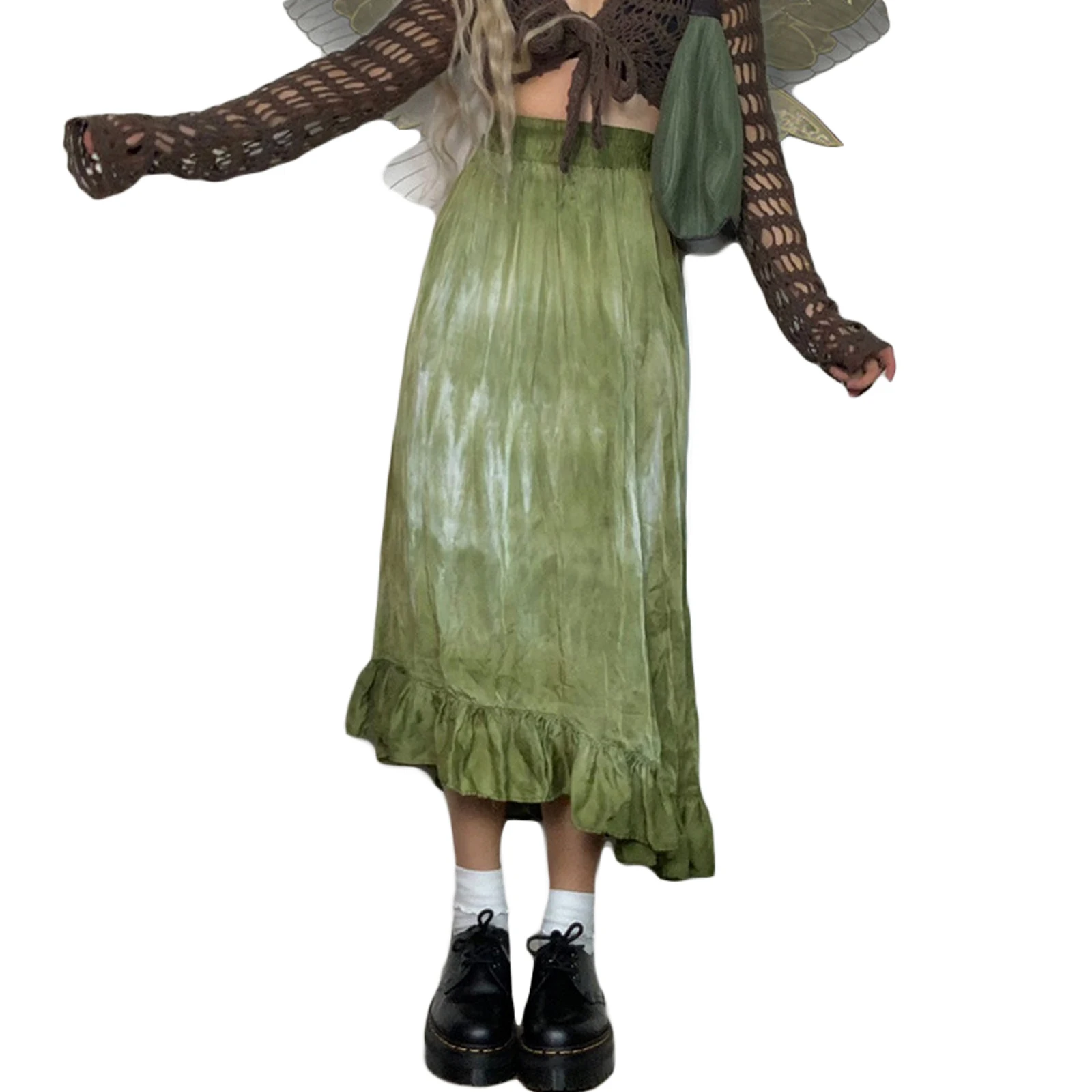 

Women Skirt Ruffles Long Skirt Vintage Tie-dye Printing Stitching High Waist Skirts