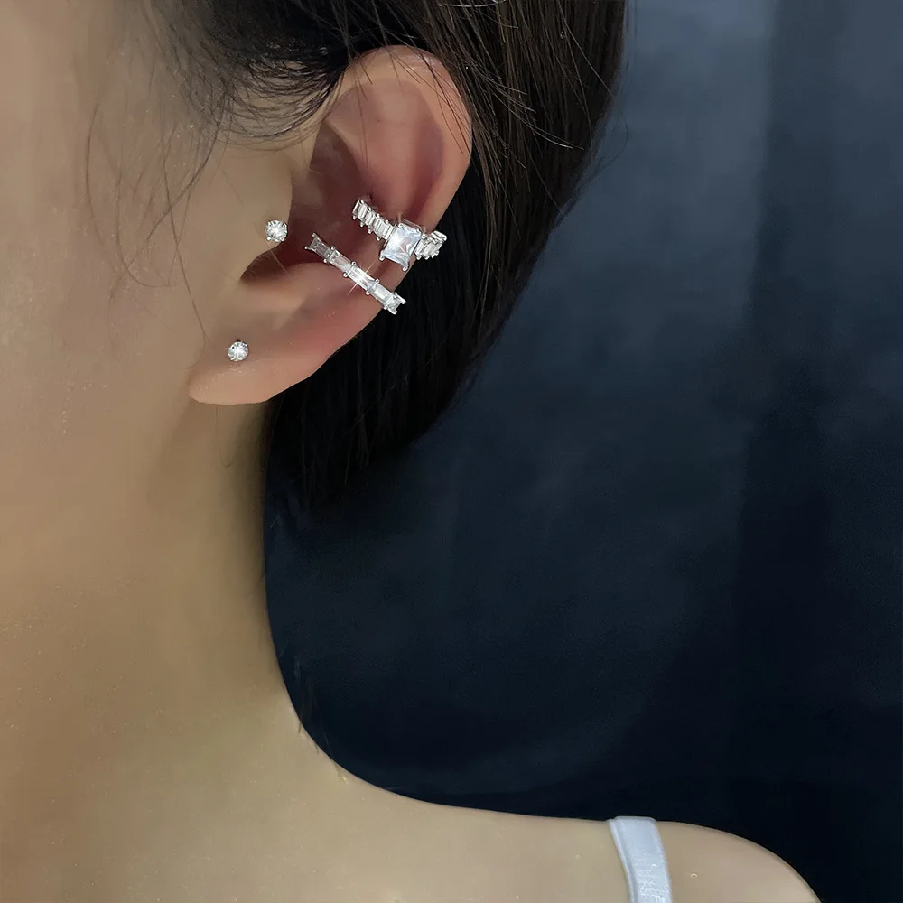 

1 Pc Flash Zircon Cquare Ear Clip Earrings For Women Ear Bone Clamp Fashion Bilayer Earrings Girl Gifts Jewelry Accessories