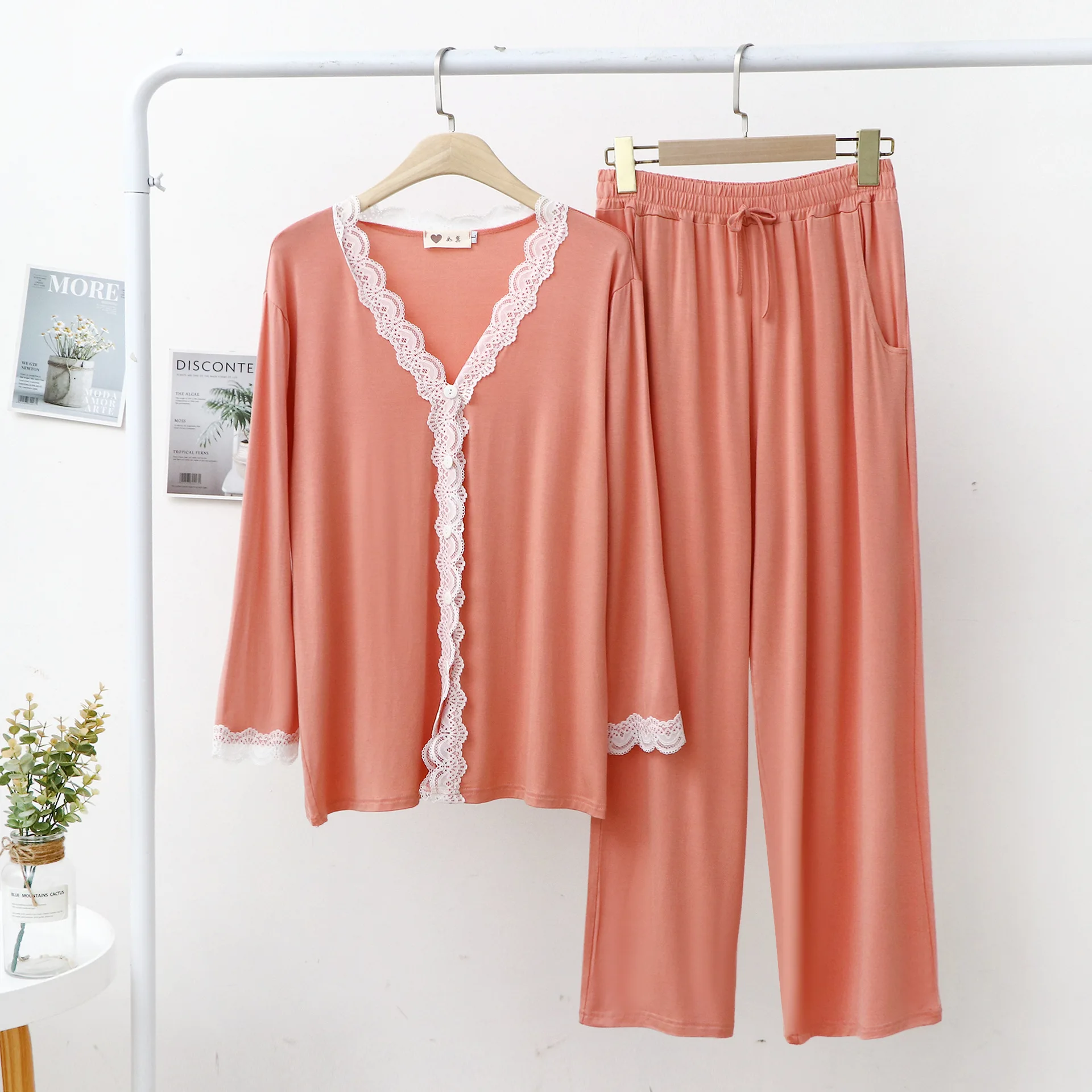 Lace Women Pajamas V Neck Cardigan Trousers Modal Show Temperament Simple and Stylish Soft Comfortable Tracksuit