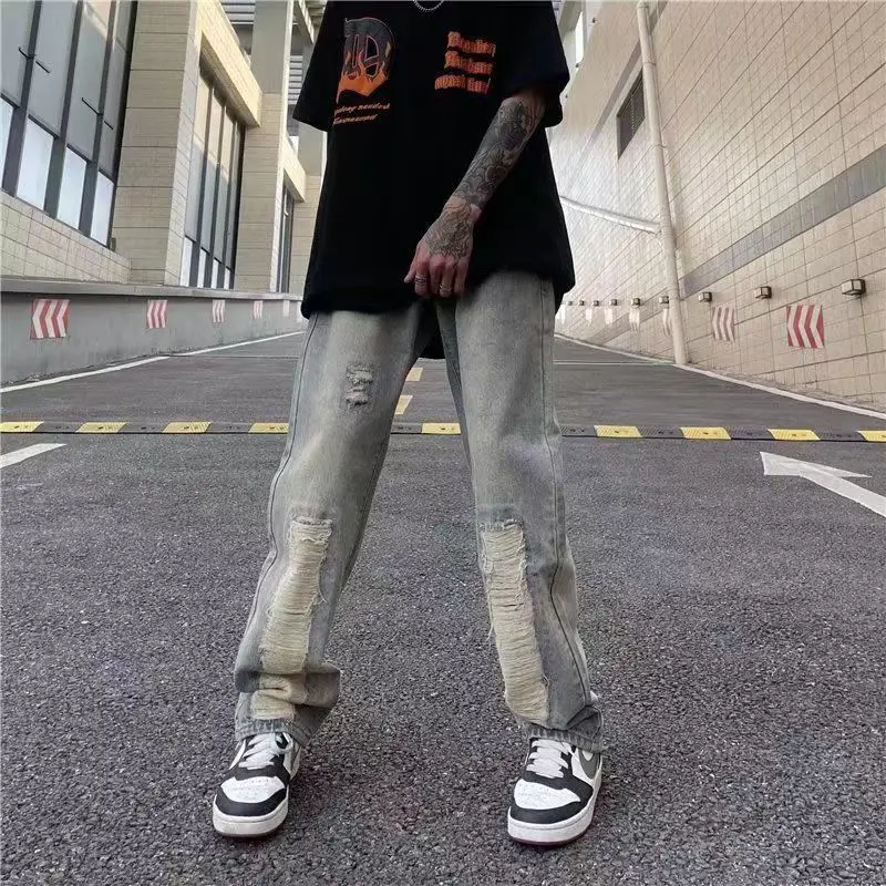 Men's Street Hole Jeans High Waist Blue Fashion Street Straight Pants Loose Retro Plus Size Women's Wide Leg Denim Trousers