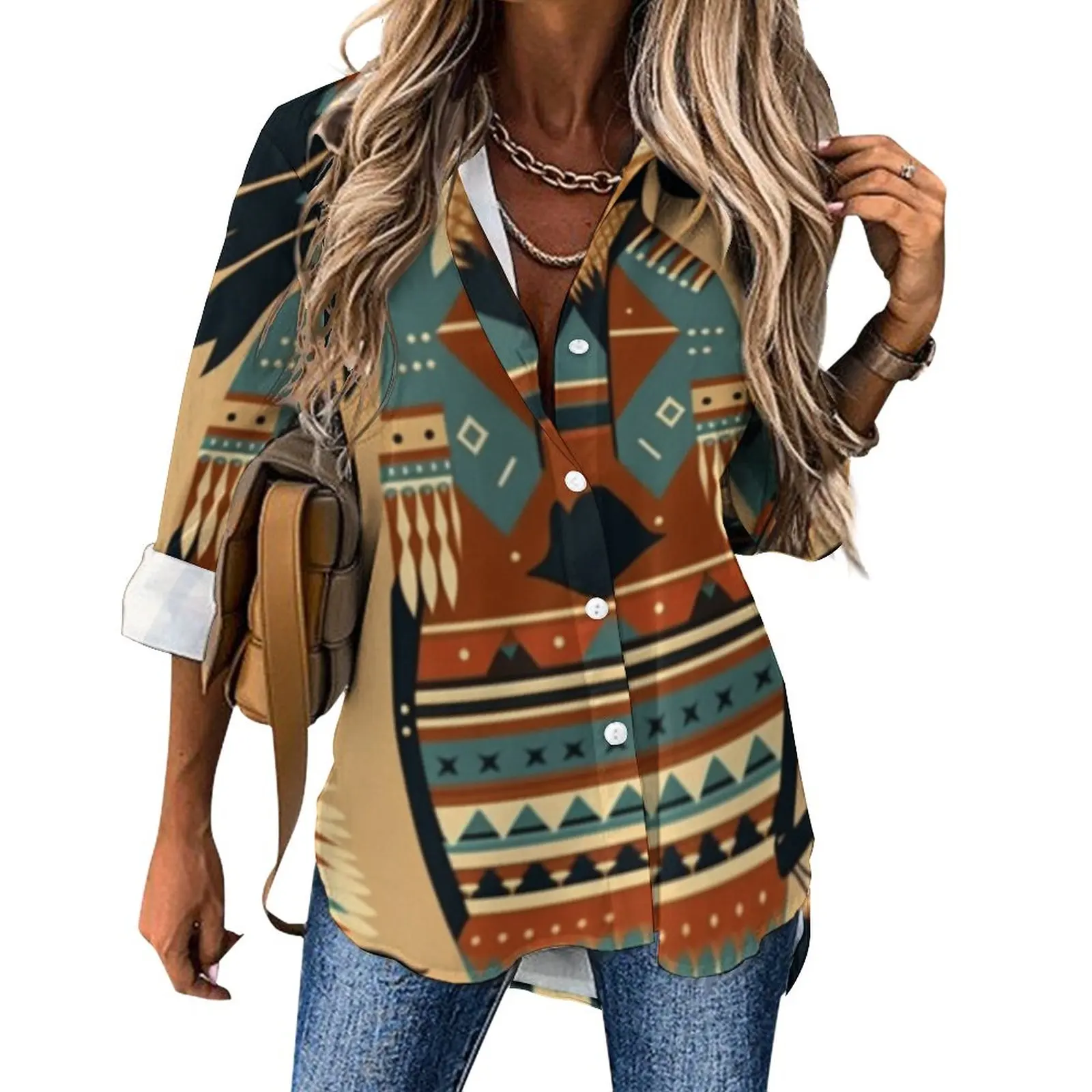 

Native Aztec Print Loose Tops V-Neck Elegant Long Sleeve Autumn Women's Everyday Casual New Design Prints Blouses Shirt