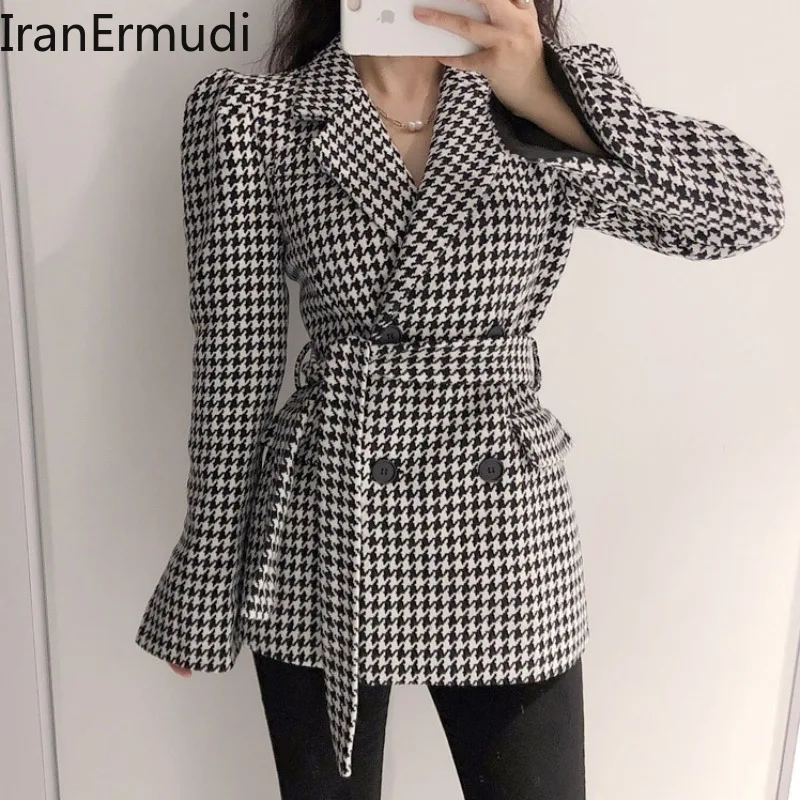 

IranErmudi Elegant Women Plaid Wool Blends 2022 Autumn Winter Thick Warm Long Coat Chic Korean Belted Pocket Jacket New Dropship
