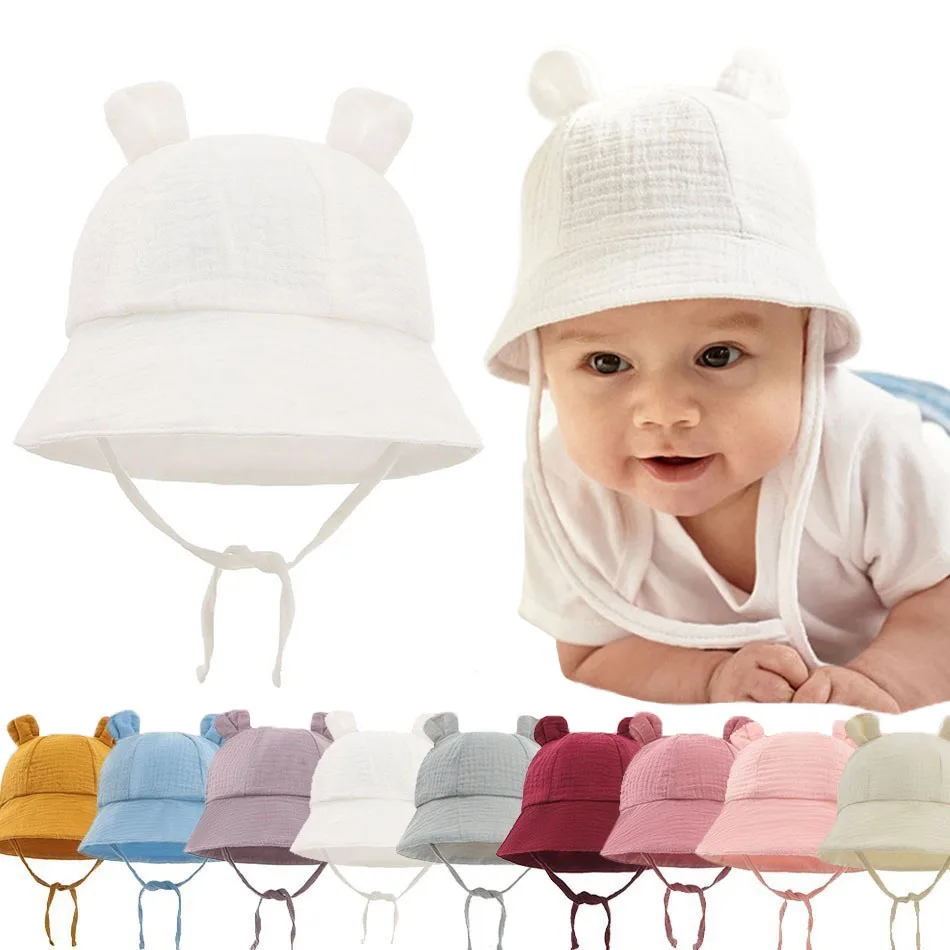 Newborn Baby Hat Infant Muslin Bucket Hat Kids Bear Ears Summer Beach Sun Caps Boys Girls Easter Hats For Toddlers 3-12 Months