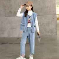 girls denim set casual three piece spring childrens outfits vest t shirt trousers teens school costume 12 13 years kids clothes