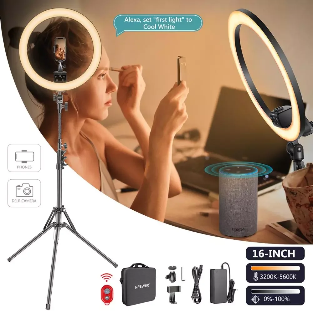 

APP Control 16-inch LED Ring Light with LCD Touch Screen, 3200K~5600K Dimmable Ring Light with Stand for Makeup/YouTube