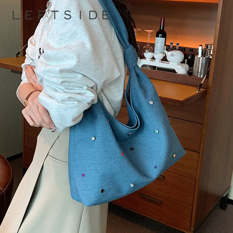 

LEFTSIDE Retro Denim Solid Color Hobo Bags for Women 2023 Trend Designer Fashion Simple Leather Shoulder Side Bag Lady Handbags