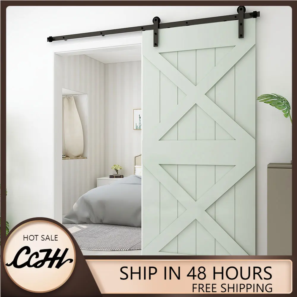 

CCJH Sliding Barn Door Hardware Kit Rail Closet Roller Track Industrial System for Single Wood Door & Adjustable Floor Guide