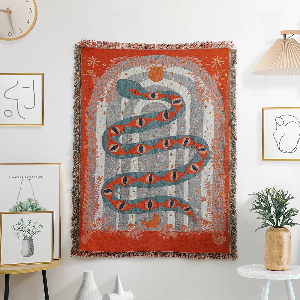 

Snake Sofa Decorative Blanket Woven Thread Home Decor Blanket Tapestry Bedroom Carpet Casual Couch Cover Towel Tassel Picnic Mat