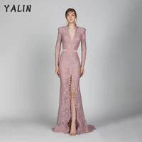 yalin pink lace mermaid evening dresses elegant long sleeves wedding dress sexy high neck split pageant gown robe de soiree