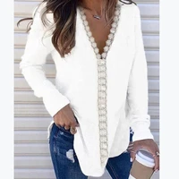 autumn and winter new fashion womens solid color v neck loose long sleeved lace t shirt women