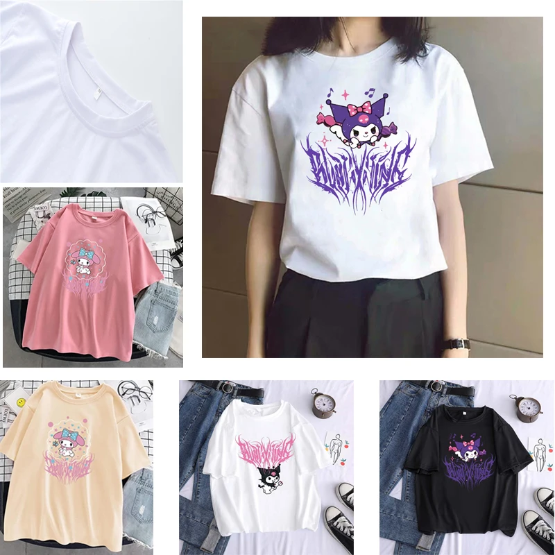 

Sanrios Kawaii Harajuku Мультфильм Готический принт с коротким рукавом аниме футболка Mymelody Kuromi мультфильм Милая уличная футболка
