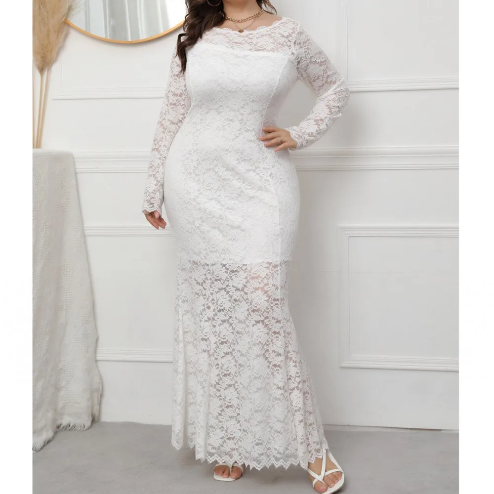 

Long Sleeve Hollow Maxi Fishtail Lace Dress Women Wedding Evening Party Dress White Robe 2022 Summer Autumn New Long Vestidos