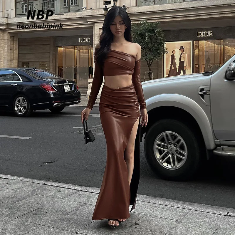 

NEONBABIPINK Sexy 2 Piece Set Crop Top Slit Long Skirt Brown Faux Leather Dresses for Women Fall 2023 Night Club Outfits N69EE40