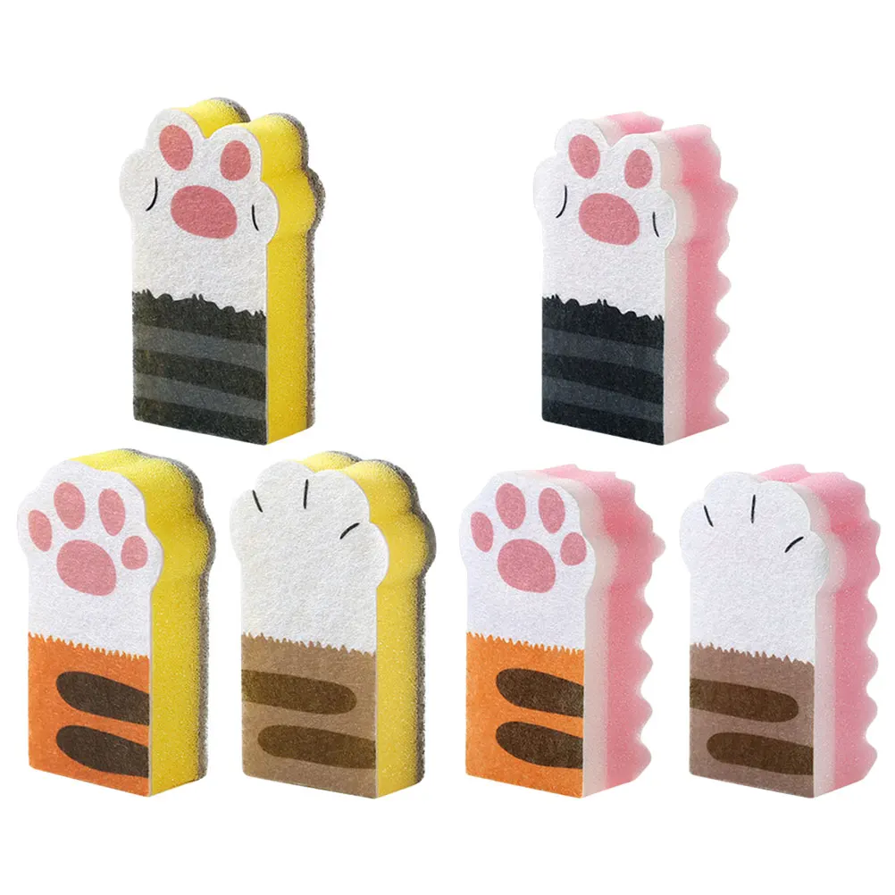 

6 Pcs Cleaning Sponge Cat Paw Claw Kitchen Sponges Scrub Pads Dishes Washing Tool Non-Woven Fabric Scrubber Household Cleaning