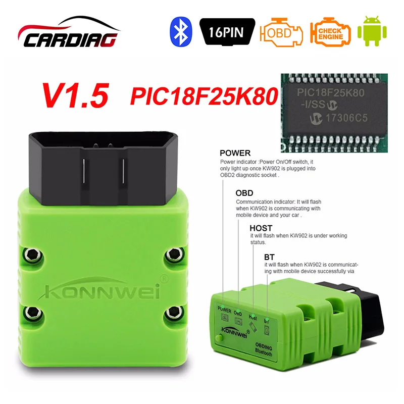 

Автомобильный сканер 3 шт./лот Konnwei KW902 BT ELM327 V1.5 PIC18F25K80 OBDII, диагностические инструменты ELM 327, считыватель кодов, поддержка J1805