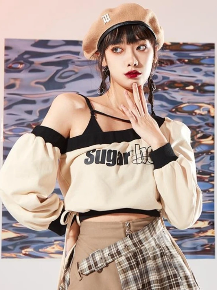 

Off Shoulder Hoodies Contrast Color Patchwork Letter Print Crop Tops Spring Autumn Harajuku Loose Draw String Sudaderas Tank Set
