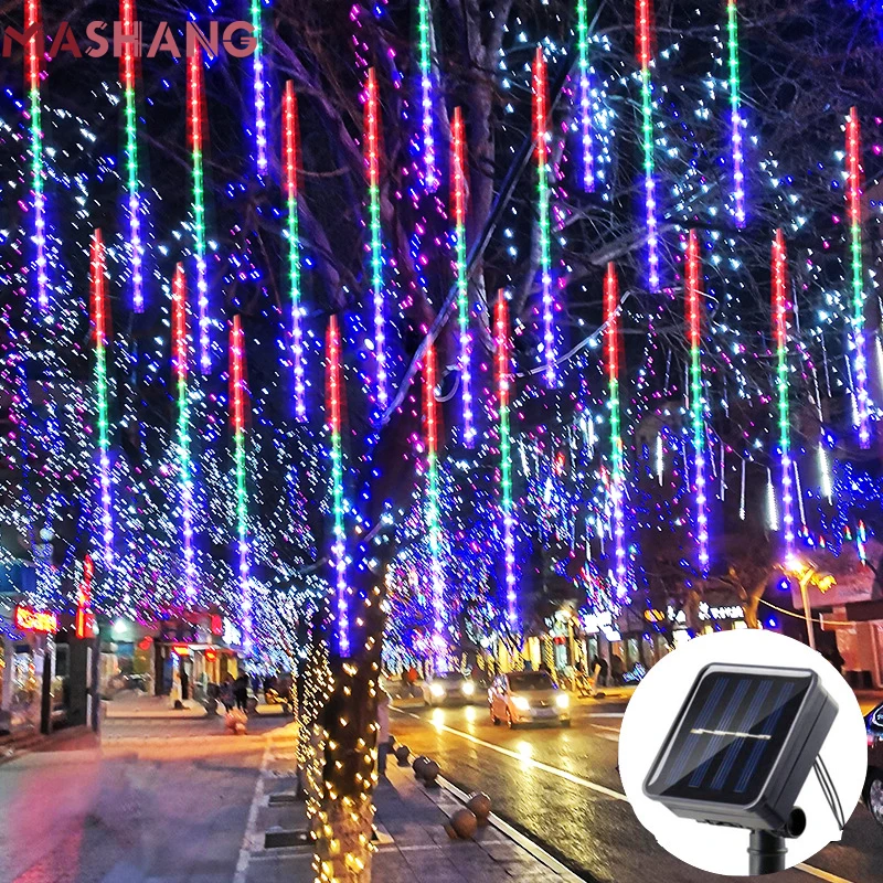 

Solar Colour Changing Led Meteor Shower Rain Lights 10Tubes Hanging String Light Garland Tree Decor for Street Christmas Holiday