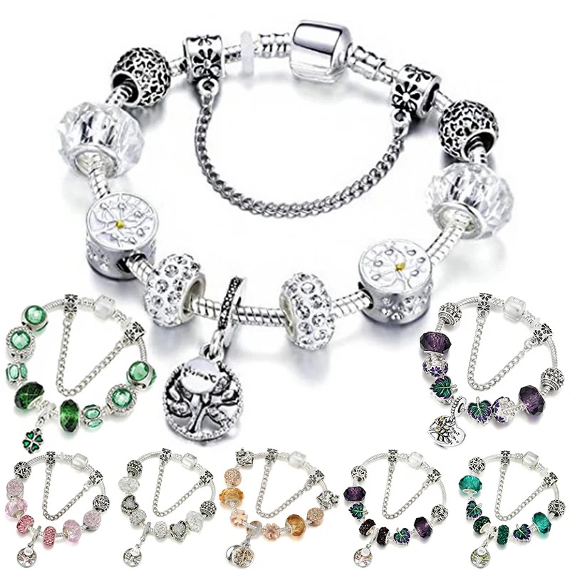 

Silver Color Family Life Tree Charms Bracelet Women CZ Heart Clover Pendant Glass Beads for Jewelry Making DIY Love Bangles Gift