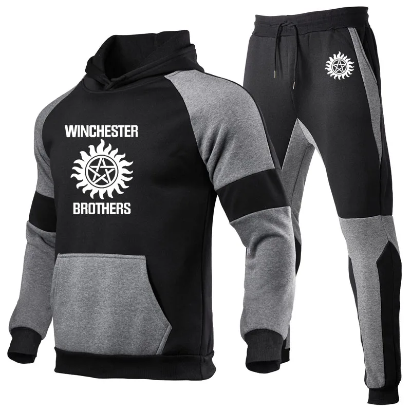 

2023spring autumn Tracksuit Supernatural winchester brothers Print Hoodies Men Suit Warm Hoodie+Pants Two-piece Sets