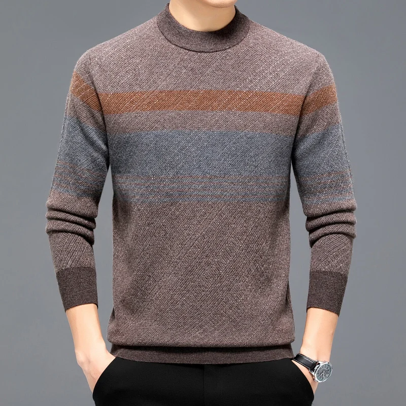 Cashmere Sweater 100% Pure Wool Men's Half Turtleneck Loose Casual Thickening Striped Jacquard Warm Wool Pullover Sweater