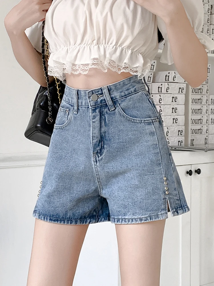 

Ailegogo New Summer Women High Waist Wide Leg Rivet Blue Denim Shorts Casual Female Loose Straight Jeans Shorts Ladies Bottoms