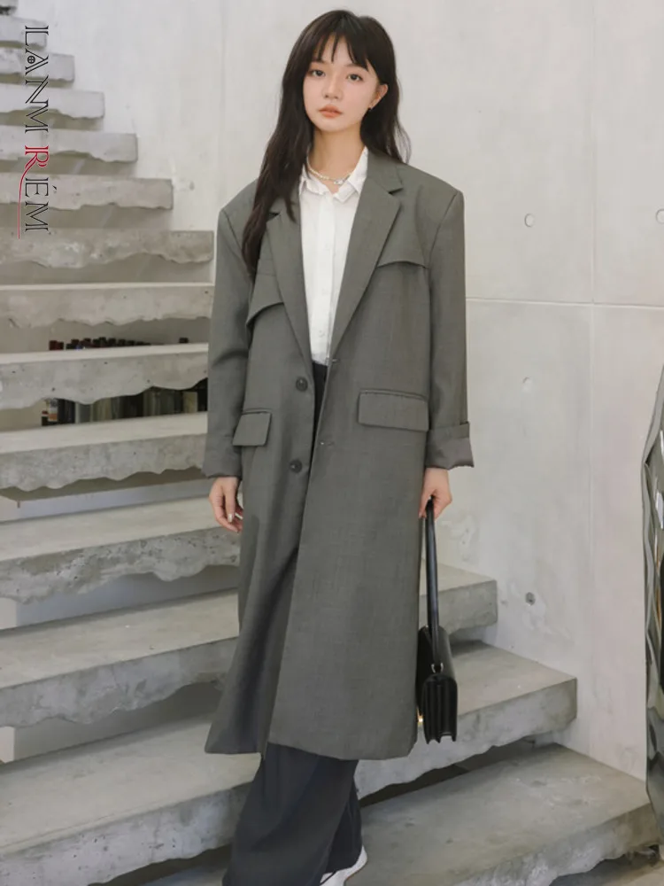 

LANMREM Women Long Blazers Gray Color Notched Single Breasted Loose Fashion Coats With Pockets Ladies Clothing Autumn 2R7618