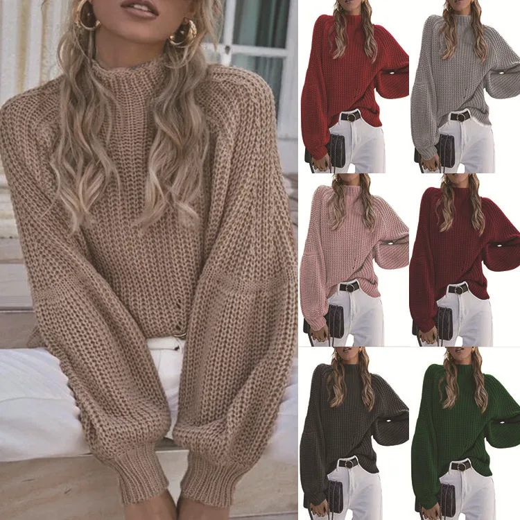 

Sweater Woman Autumn Winter 2022 New Loose Half High Neck Sweater Solid Color High Neck Tops Knitting Pullover All-Match