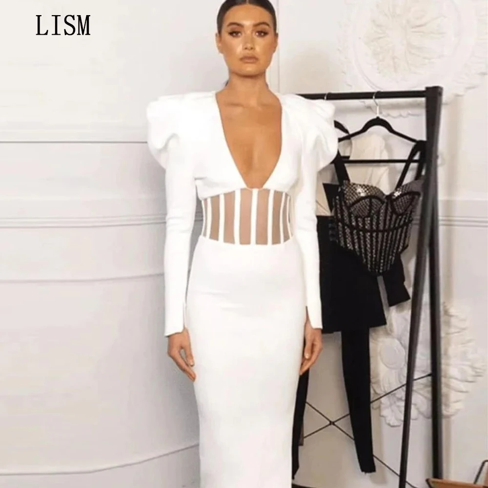 

LISM Elegant V-neck Modern Lady Formal Party Dress Long Sleeves Tea Length Evening Prom Gowns Side Slit Custom Made Outfit