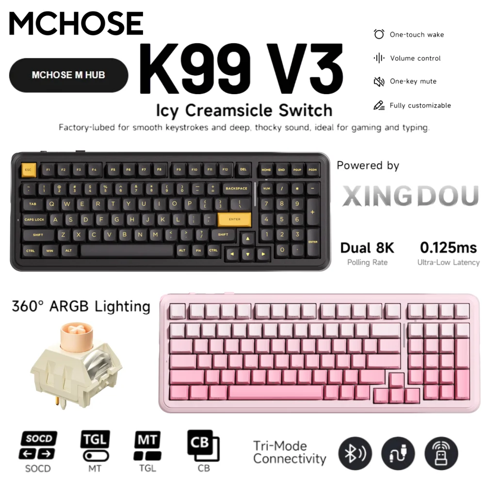Фото Беспроводная механическая клавиатура MCHOSE K99 V3 с частотой опроса 8K, задержкой 0.125 мс, многофункциональной регулировочной ручкой и RGB-подсветкой (северо-западное расположение RGB) №1
