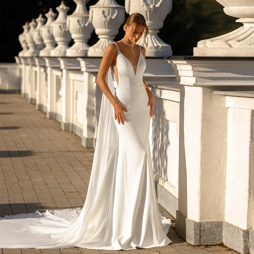 

Satin Wedding Dresses for Women Bride Mermaid Beading Backless V-neck with Cape Spaghetti Strap Custom Made Vestidos De Novia