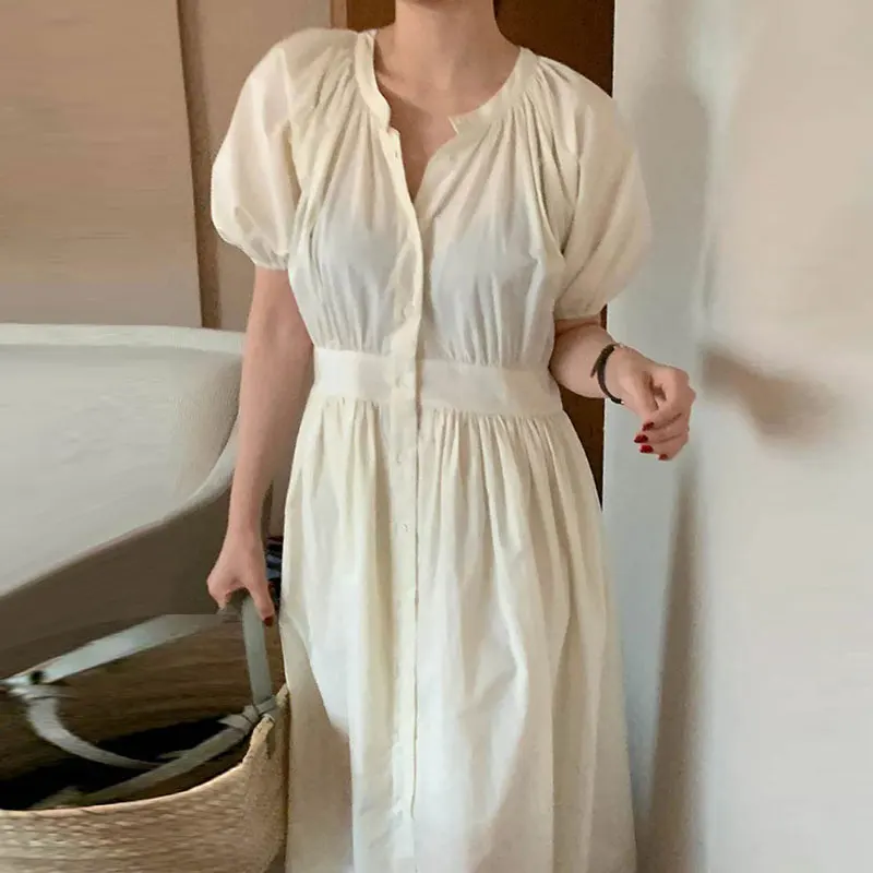 

VANOVICH Korean Style Summer New Simple O-neck Solid Color Single-breasted Pleated Waist Slim Puff Sleeve Mid-Calf A-LINE Dress