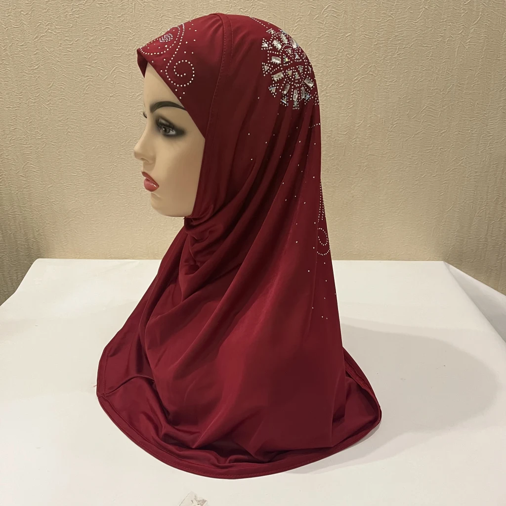 

H237 Beautiful big gilrs muslim hijab with white stones islamic scarf shawl headscarf hat armia pull on wrap ramadan gift