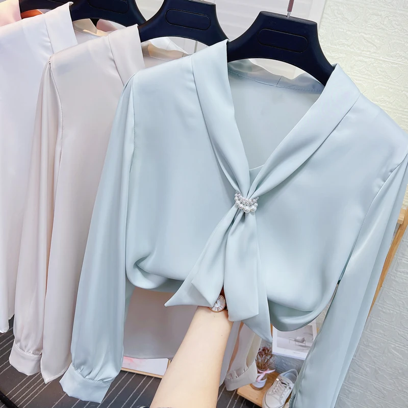 

2023 New Satin Silk Shirt Women Spring Autumn Sleeve Elegant Office Work Wear Tops Korean Fashion Blouse Party Clothing A58