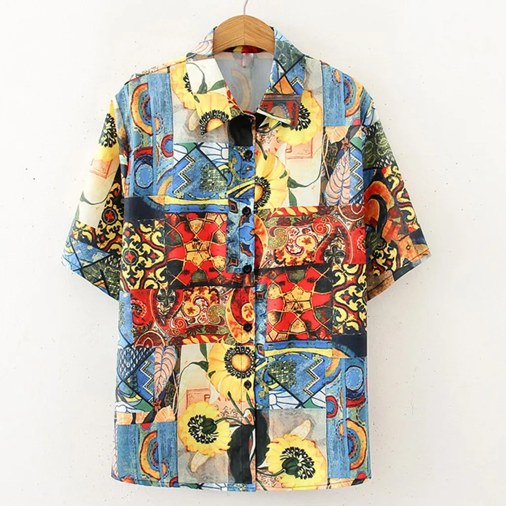 

Mock Neck Tops for Women Lady Fashion Women Top Retro Print Short Sleeve Casual Shirt Lapel Blouse Cotton Long Sleeve Shirt