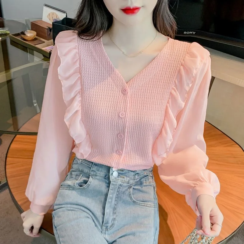 

Женский однотонный топ с длинным рукавом-фонариком и V-образным вырезом