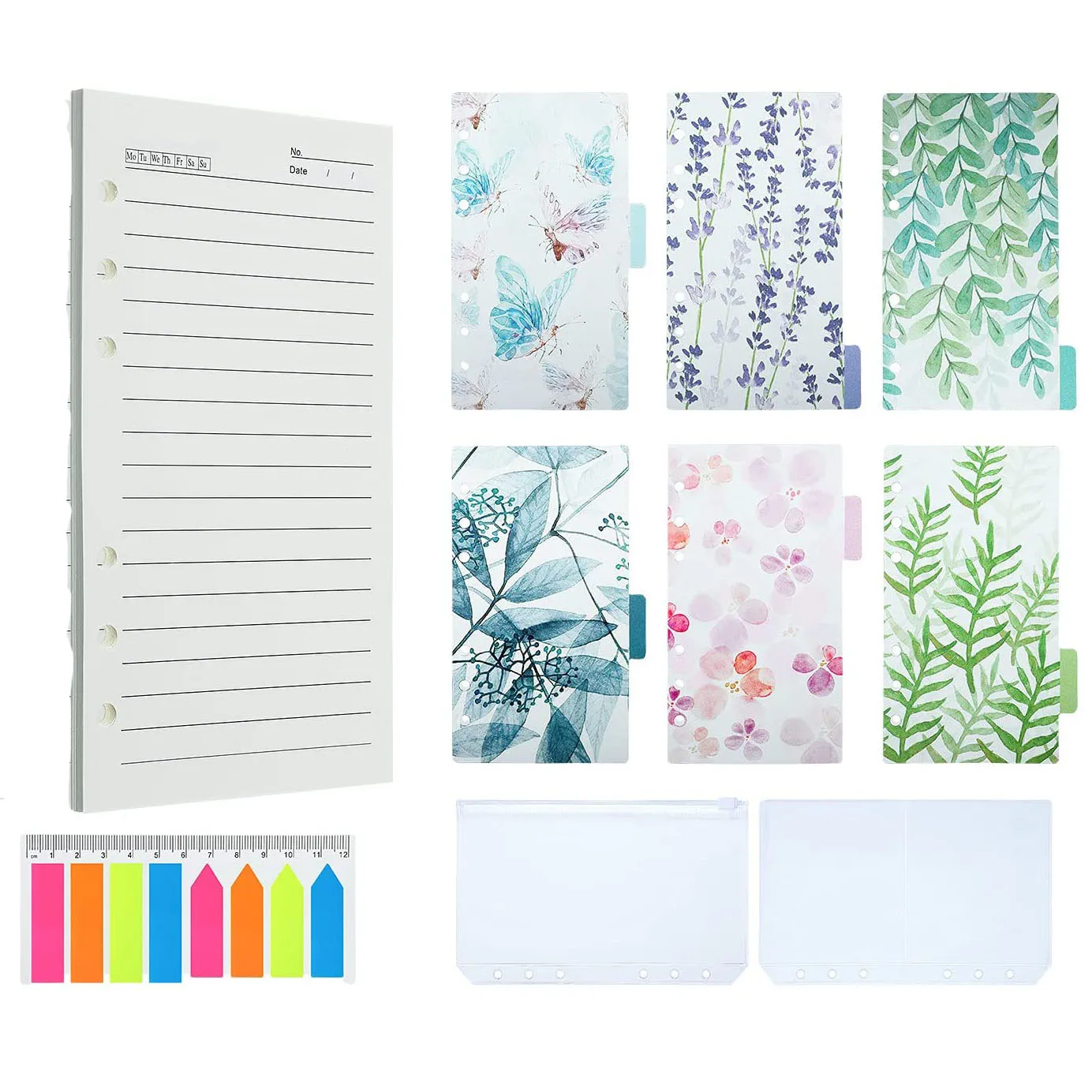 

A6 Refill Paper Plastic Colorful Binder Dividers Lined Refill Paper 2 Binder Pockets 160 Index Tabs for 6-Ring Planner Organizer